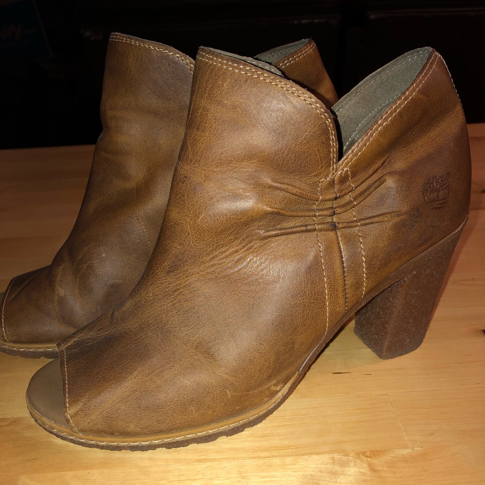 Timberlands ruched, peep toe booties.